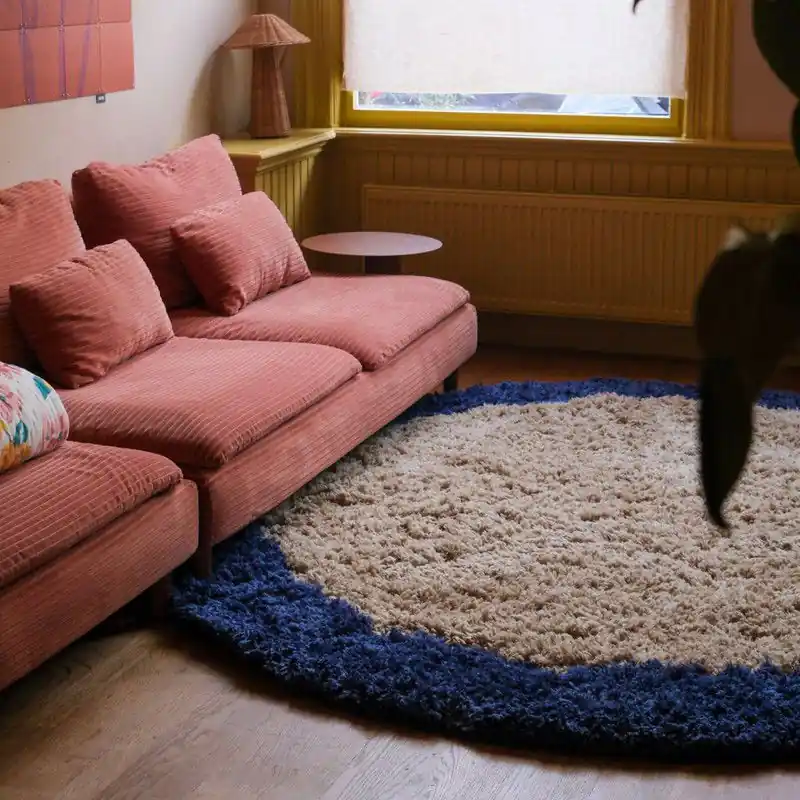 Rond hoogpolig vloerkleed Pilo beige/blauw polyester Interieur05 Blauw; Beige Voordeelprijs
