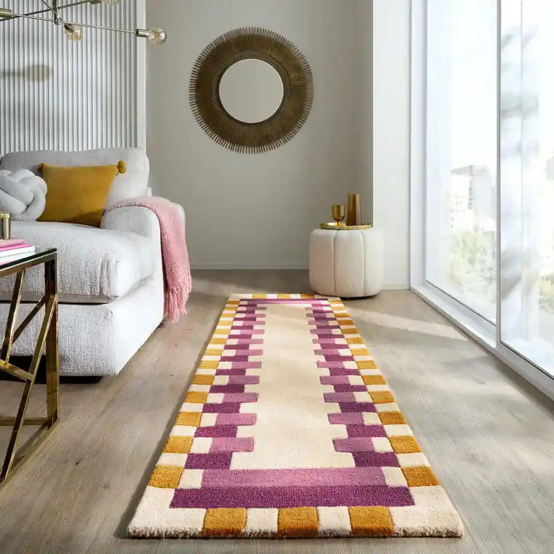 Authentiek Loper Wollen Vloerkleed Kai - Kader - Lijstmotief - Roze / Geel - 60x230 cm