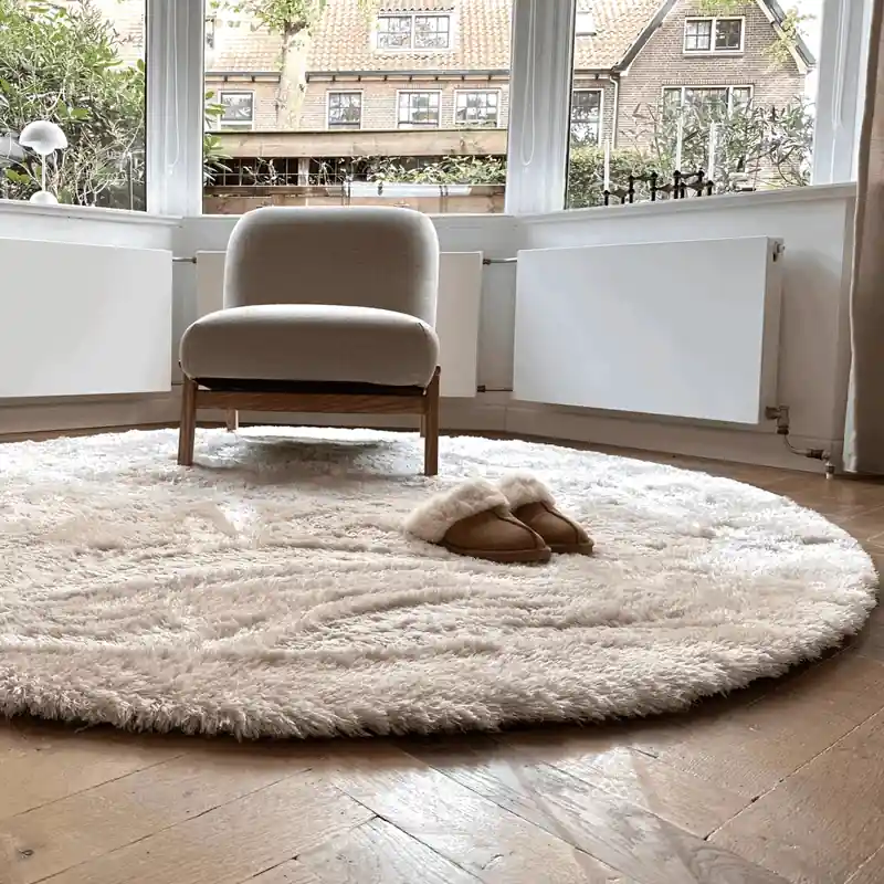 Rond hoogpolig vloerkleed Odelia beige/wit - Interieur05 Beige; Wit - Polyester - Rond 240 Ø - (XL) Betaalbaar