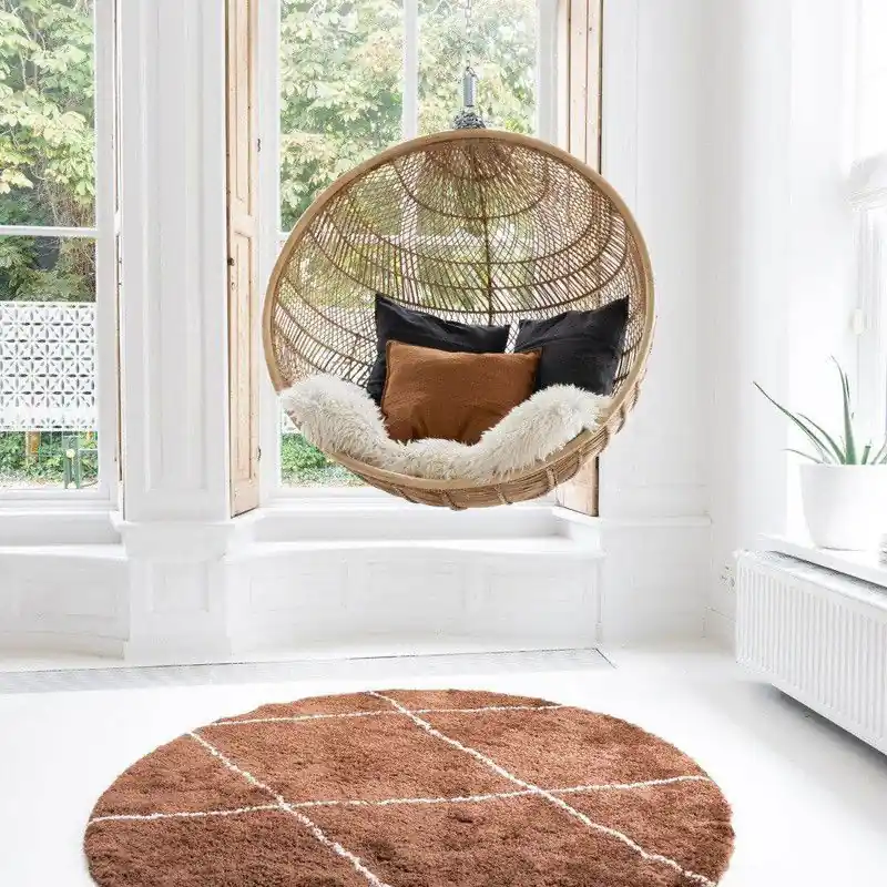 Direct Beschikbaar Berber vloerkleed rond hoogpolig Roest/Cream - scandinavisch - nea Roest; Oranje - Polypropyleen - Rond 160 Ø - (M)