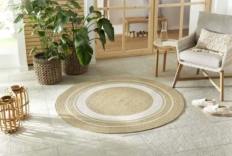 Aanbieding Rond Binnen- En Buitenkleed - Trenzado Beige/Crème - Ø 150 CM