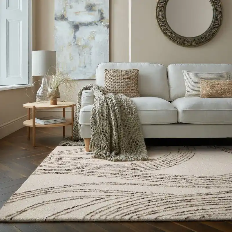 Veilige Betaling Abstract Swirl vloerkleed - Laagpolig - 100% Wol Modern - Naturel / Bruin / Beige - 160 X 230 CM