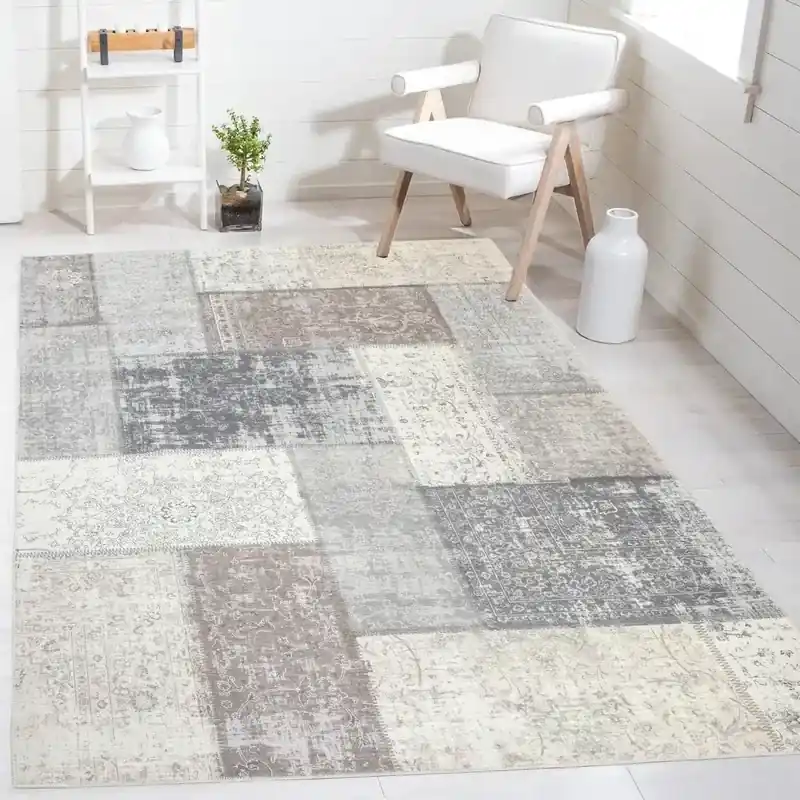 Betaalbaar Vintage vloerkleed - Burano Patchwork Grijs/Taupe - 160 X 230 CM