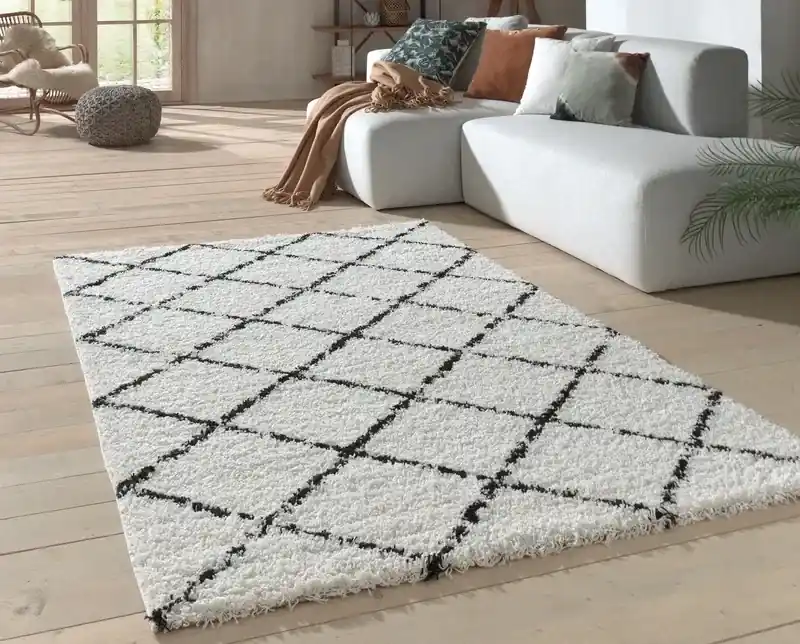 Beste Prijs Candy Diamond Hoogpolig Crème / Zwart vloerkleed - Geruit - 120 X 170 CM
