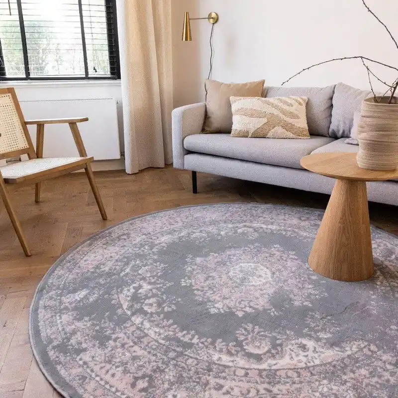 Laatste Kans Rond Vintage Vloerkleed Keshan Grijs - Polypropyleen - Rond 190 Ø - (L)