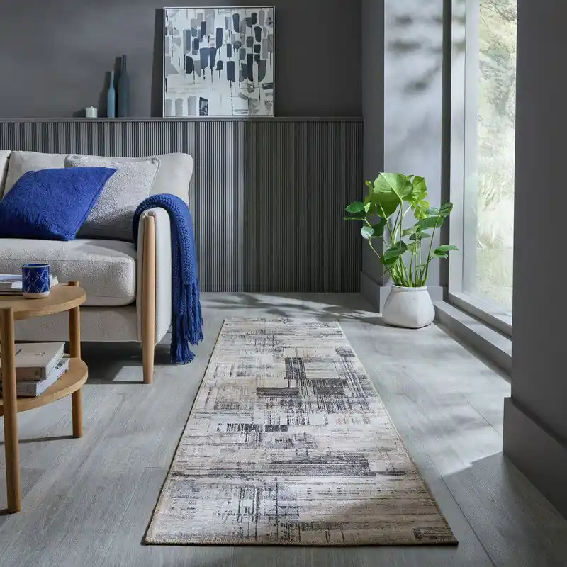Rechtstreeks Van De Fabrikant Laagpolig Wasbaar Loper - Silas Abstract - Creme 60x230cm - 60x230 cm