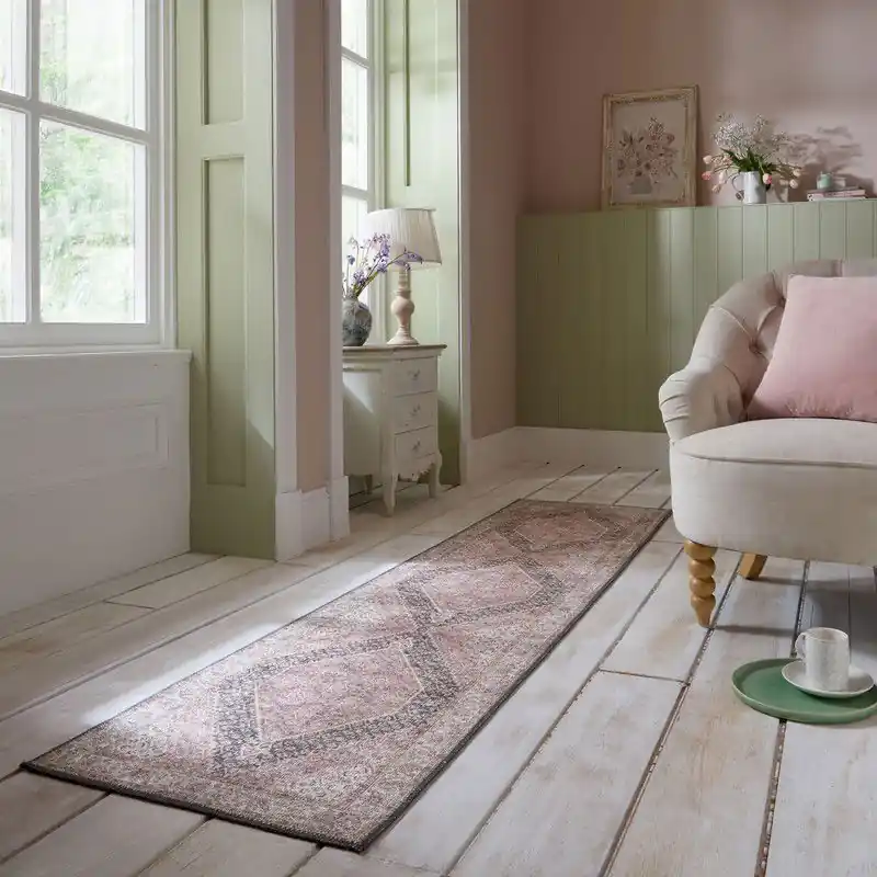 Laagpolig Wasbaar Loper - Briony - Roze 60x230cm - 60x230 cm Rechtstreeks Van De Fabrikant