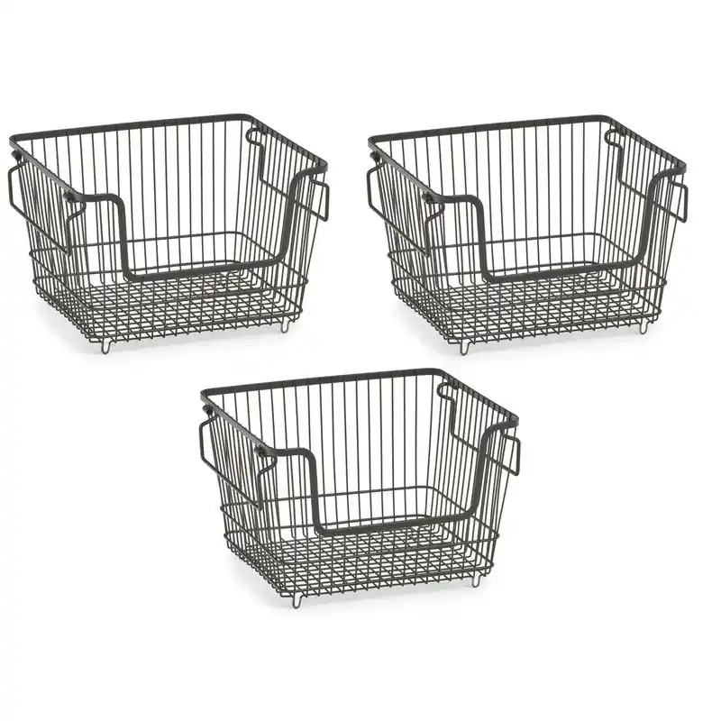 Zeller opberg draadmand zwart - 3x - stapelbaar - 33x27x21 cm - metaal - Opbergmanden Wereldwijde Verzending