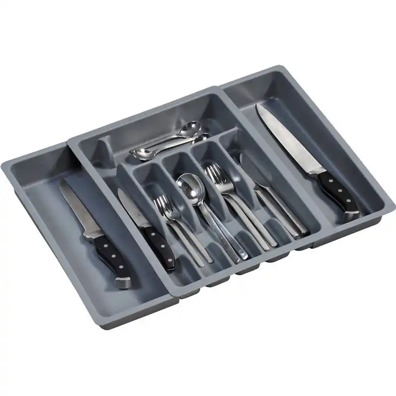 Kunststof uitschuifbare bestekbak/inzetbak - 2x - grijs - 38 x 29-50 cm - Bestekbakken Nieuw Model