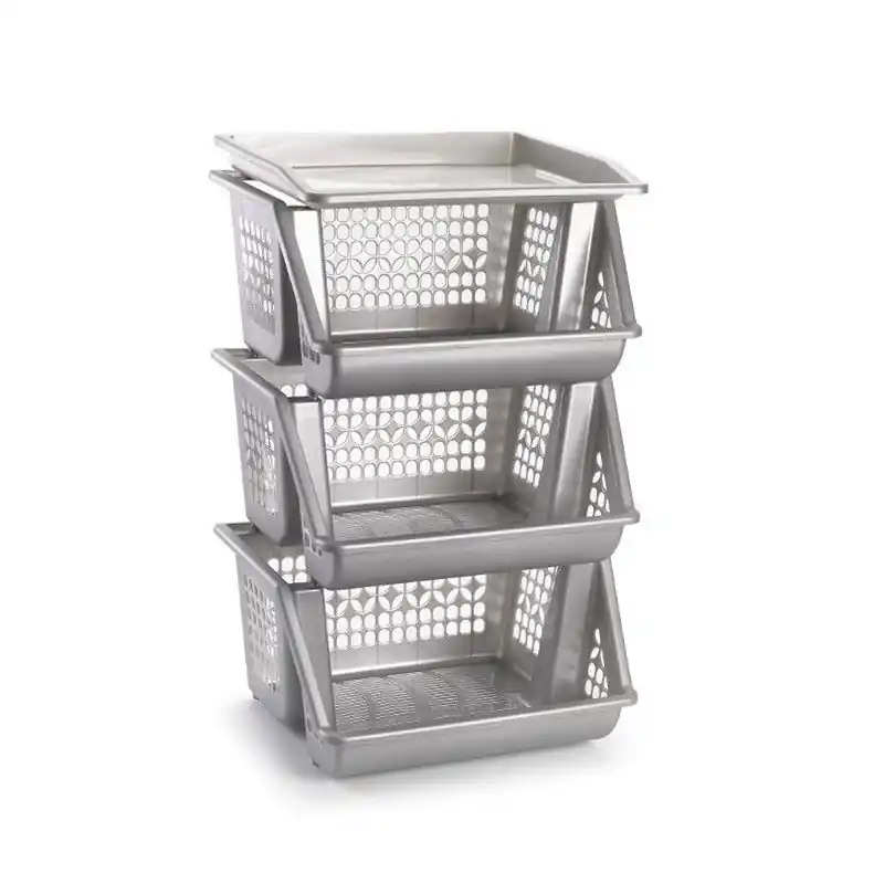 Wereldwijde Verzending Plasticforte Opbergkrat - 2x - zilver - 3 vakken - 62 cm - Opbergmanden