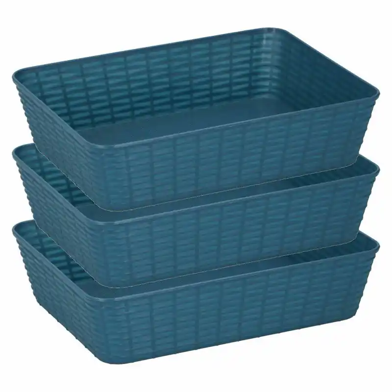 Premium 3x Blauwe plastic opbergmanden rechthoekig 25 x 19 x 6 cm - Opbergmanden