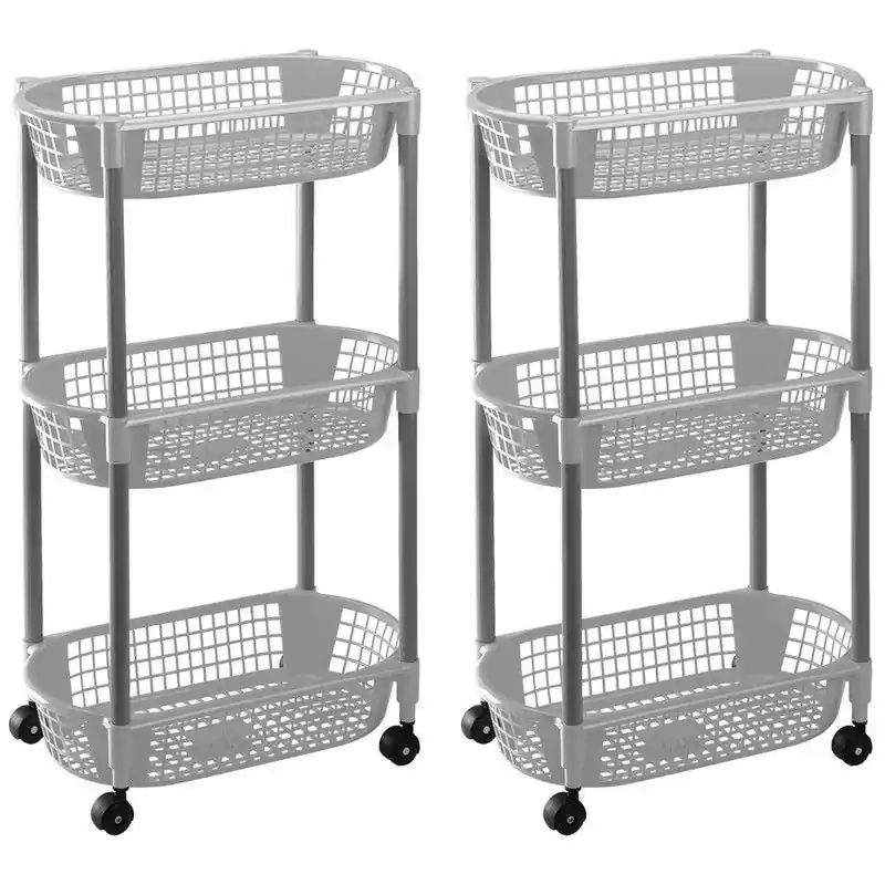 2x Woondecoratie karretjes/trolleys met grijze opbergmanden 71 cm - Opbergmanden Nieuw Model