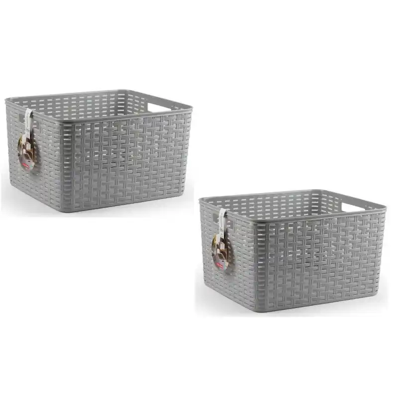 6x Kunststof geweven opbergbakken/opbergmanden zilver 28,5 liter - Opbergbox Hete Deal