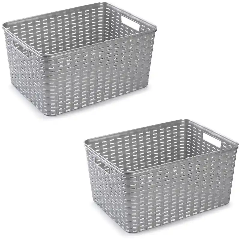 2x Kunststof geweven opbergbakken/opbergmanden zilver 18 liter - Opbergbox Rechtstreeks Van De Fabrikant