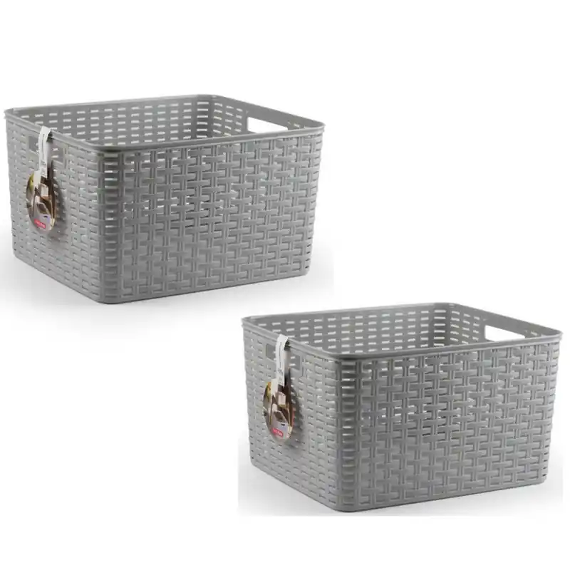 In De Mode 4x Kunststof geweven opbergbakken/opbergmanden zilver 28,5 liter - Opbergbox
