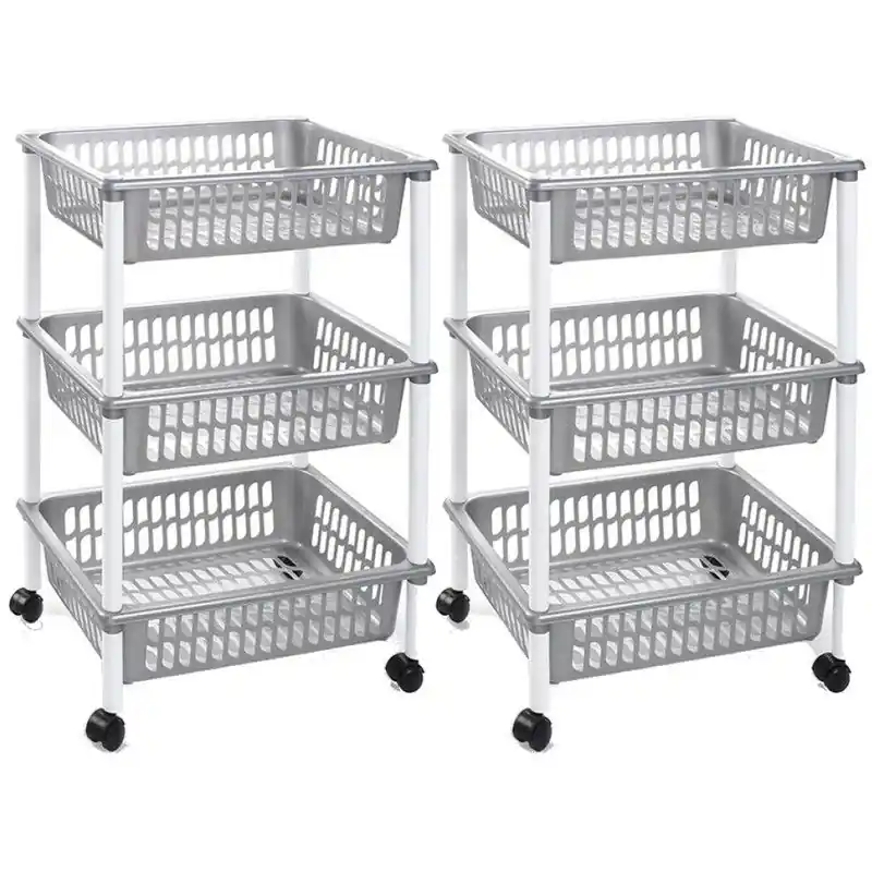 Plasticforte keukentrolley op wieltjes - Set van 2x stuks - 3 laags - zilver - kunststof - Opbergmanden Nieuw Model