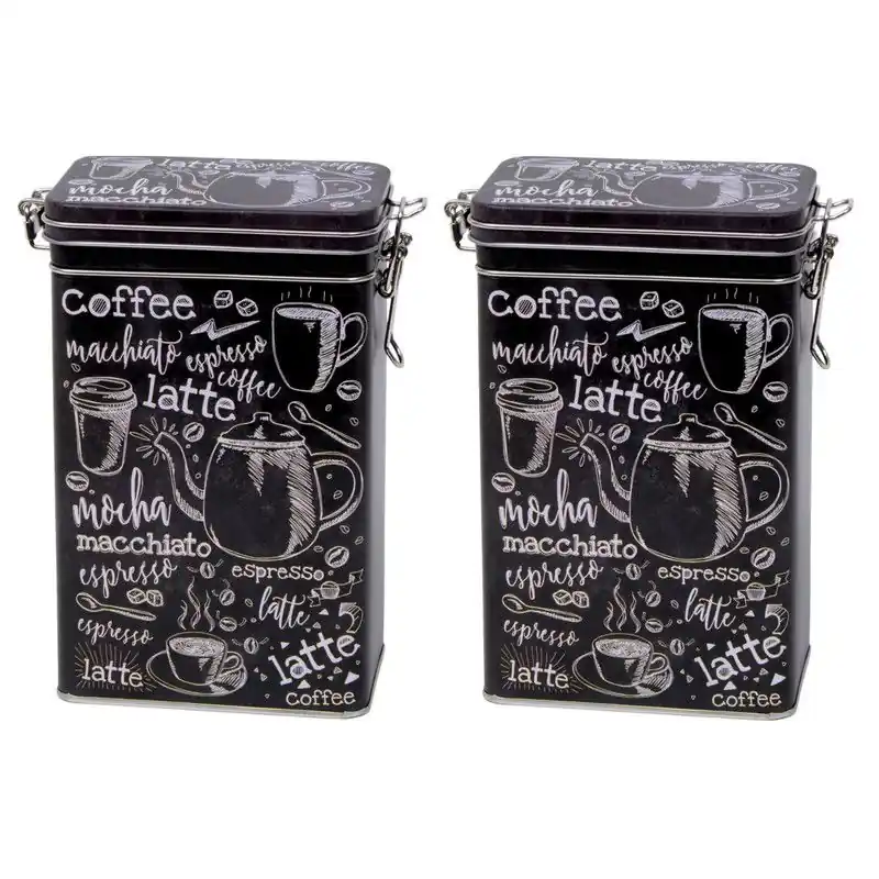 Betaalbaar Koffieblik/bewaarblik - 6x stuks - zwart - cafe print - 19 cm - rechthoekig - Voorraadblikken