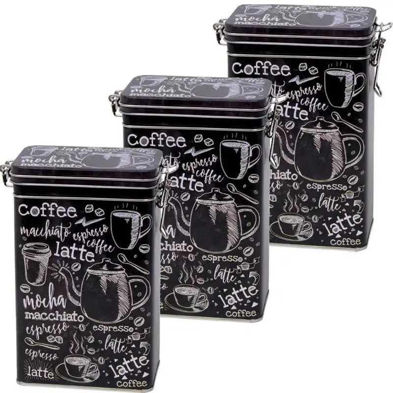 Koffieblik/bewaarblik - 3x - zwart - cafe print - 19 cm - rechthoekig - Voorraadblikken Wereldwijde Verzending