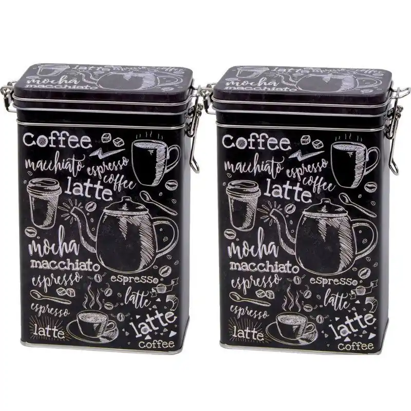 Koffieblik/bewaarblik - 2x - zwart - cafe print - 19 cm - rechthoekig - Voorraadblikken Bulkbestelling