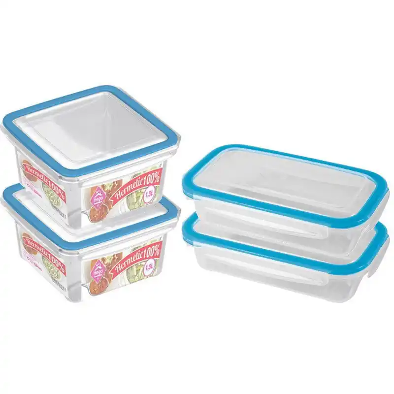 4x Voedsel plastic bewaarbakjes 0,5 en 1,5 liter transparant/blauw - Vershoudbakjes Gratis Verzending