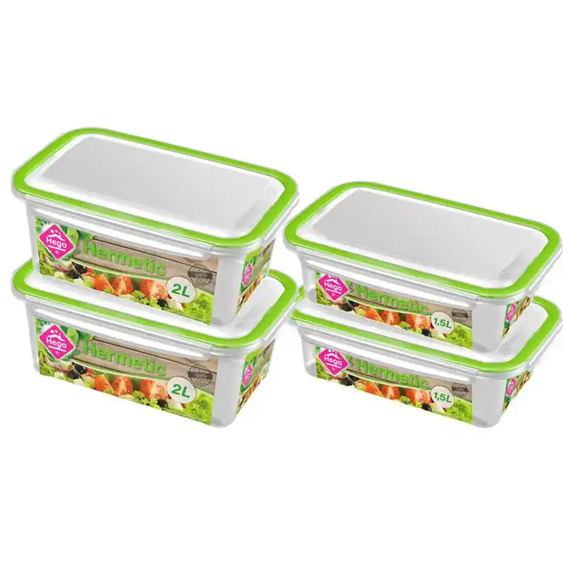 4x Voedsel plastic bewaarbakjes 1,5 en 2 liter transparant/groen - Vershoudbakjes Ambachtelijk