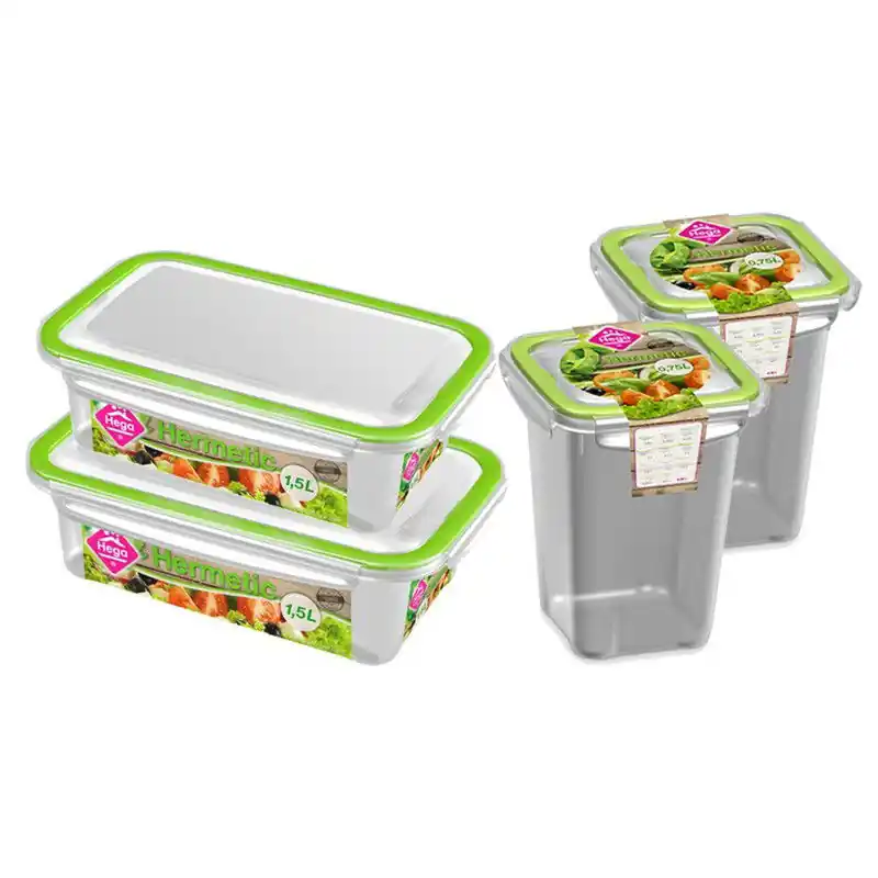 Handgemaakt 4x Voedsel plastic bewaarbakjes 0,75 en 1,5 liter transparant/groen - Vershoudbakjes