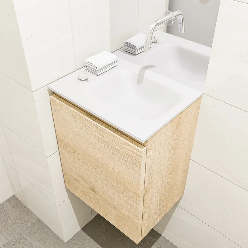 Goedkoop Mondiaz Olan 40cm toiletmeubel washed oak met wastafel talc rechts geen kraangat