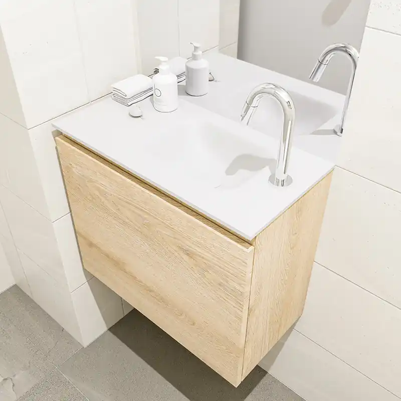 Topkwaliteit Mondiaz Olan 60cm toiletmeubel washed oak met wastafel talc rechts 1 kraangat