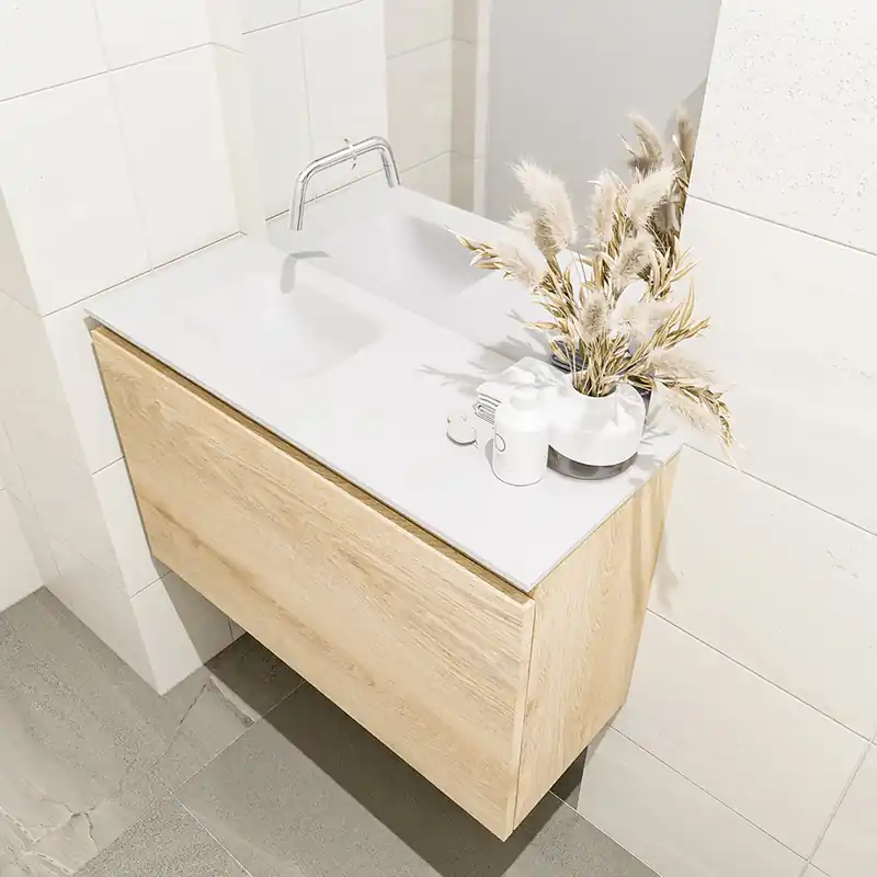 Professioneel Mondiaz Olan 80cm toiletmeubel washed oak met wastafel talc links geen kraangat