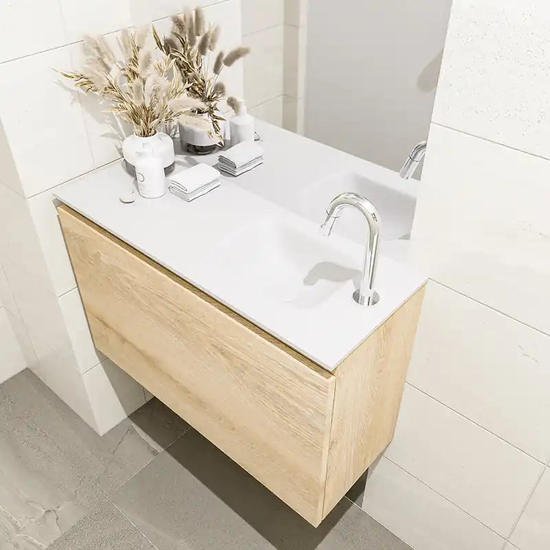 Direct Verzonden Mondiaz Olan 80cm toiletmeubel washed oak met wastafel talc rechts 1 kraangat
