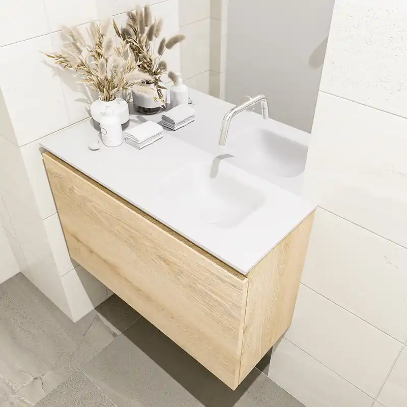 Direct Beschikbaar Mondiaz Olan 80cm toiletmeubel washed oak met wastafel talc rechts geen kraangat