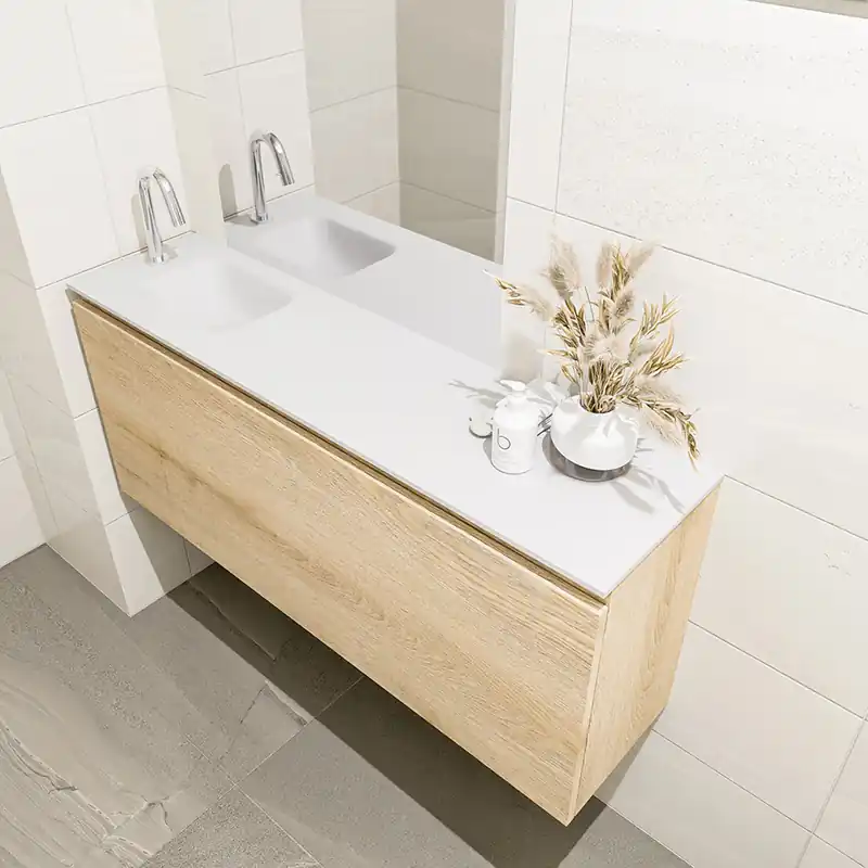 Hoge Kwaliteit Mondiaz Olan 120cm toiletmeubel washed oak met wastafel talc links 1 kraangat
