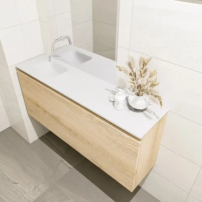 Lage Prijs Mondiaz Olan 120cm toiletmeubel washed oak met wastafel talc links geen kraangat