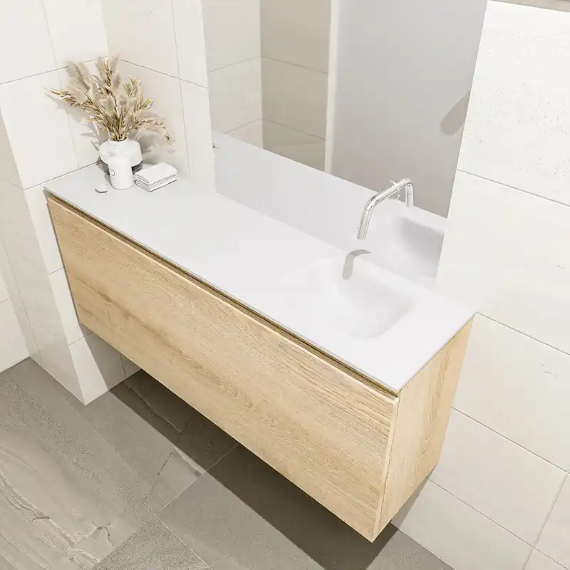 Beperkt Aanbod Mondiaz Olan 120cm toiletmeubel washed oak met wastafel talc rechts geen kraangat
