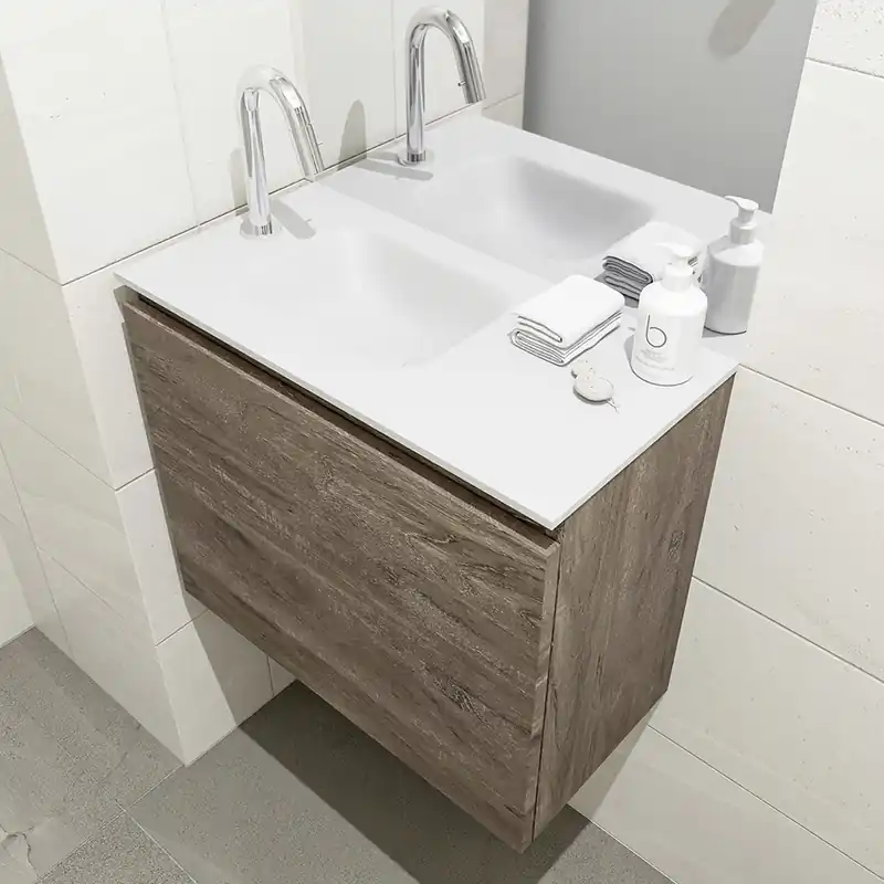 Topkwaliteit Mondiaz Olan 60cm toiletmeubel dark brown met wastafel talc links 1 kraangat