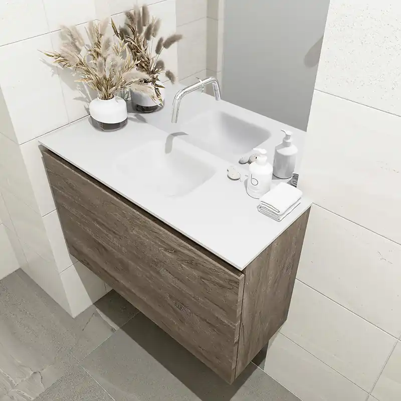 Ambachtelijk Mondiaz Olan 80cm toiletmeubel dark brown met wastafel talc midden geen kraangat