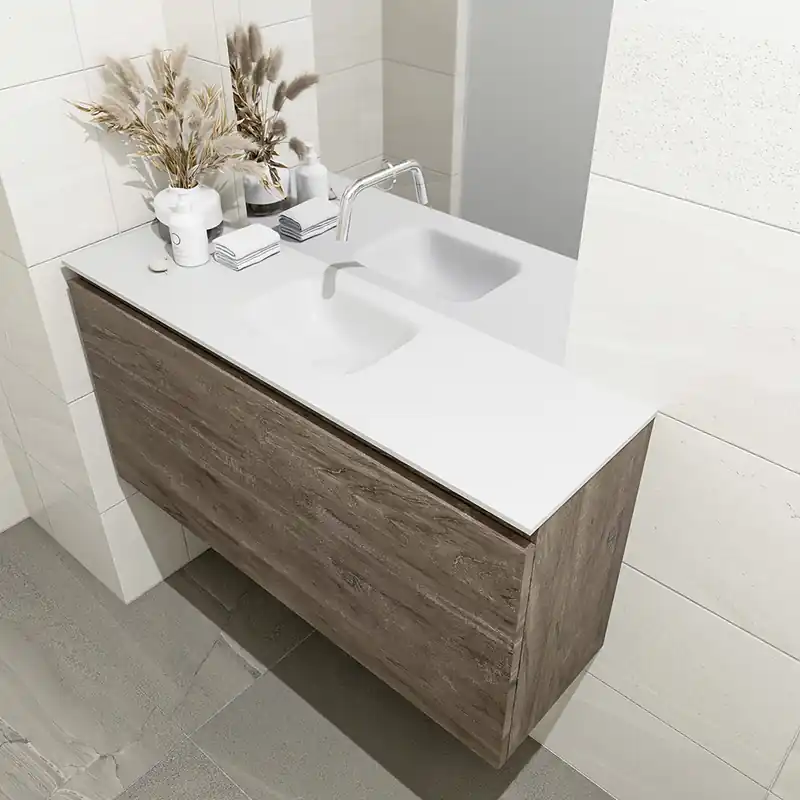Direct Beschikbaar Mondiaz Olan 100cm toiletmeubel dark brown met wastafel talc midden geen kraangat
