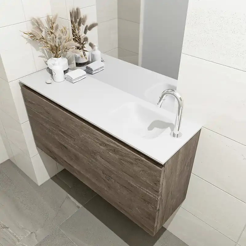 Express Levering Mondiaz Olan 100cm toiletmeubel dark brown met wastafel talc rechts 1 kraangat