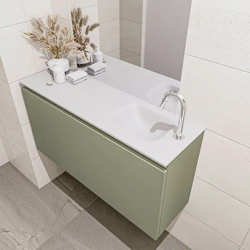 Authentiek Mondiaz Olan 100cm toiletmeubel army met wastafel talc rechts 1 kraangat