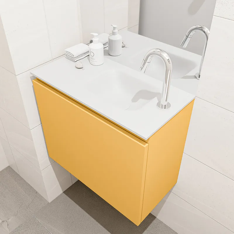 Authentiek Mondiaz Olan 60cm toiletmeubel ocher met wastafel talc rechts 1 kraangat