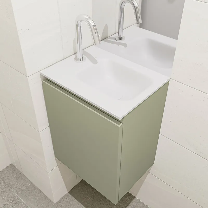 Plaats Bestelling Mondiaz Olan 40cm toiletmeubel army met wastafel talc rechts 1 kraangat