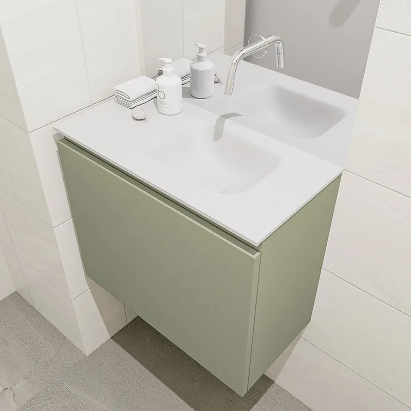 Plaats Bestelling Mondiaz Olan 60cm toiletmeubel army met wastafel talc rechts geen kraangat