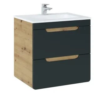 Comad Aruba Cosmos badkamermeubel 60cm met witte wastafel en kraangat eiken/grafiet Gratis Verzending