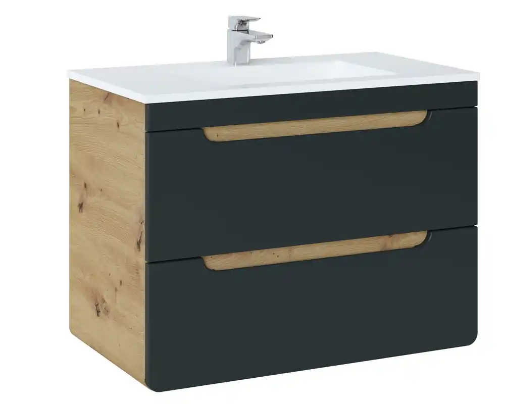 Comad Aruba Cosmos badkamermeubel 80cm met witte wastafel en kraangat eiken/grafiet Gratis Verzending