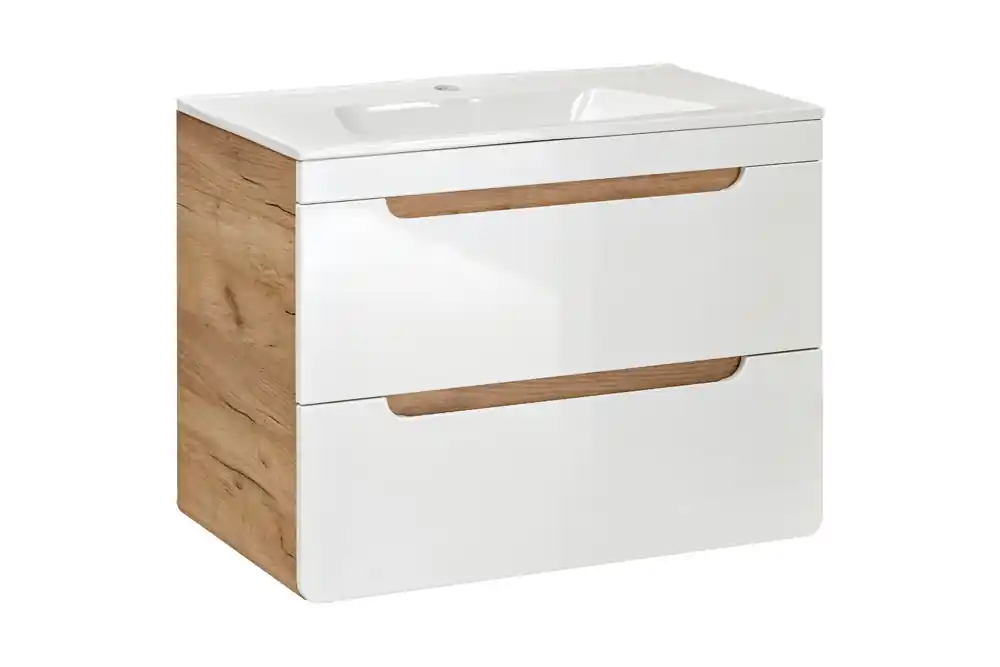 Lage Prijs Comad Aruba White badkamermeubel 60cm met witte wastafel en kraangat eiken/wit