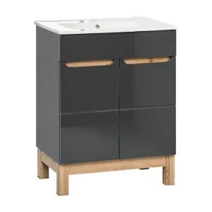 Laatste Kans Comad Bali Grey badkamermeubel 60cm met witte wastafel en kraangat eiken/antraciet