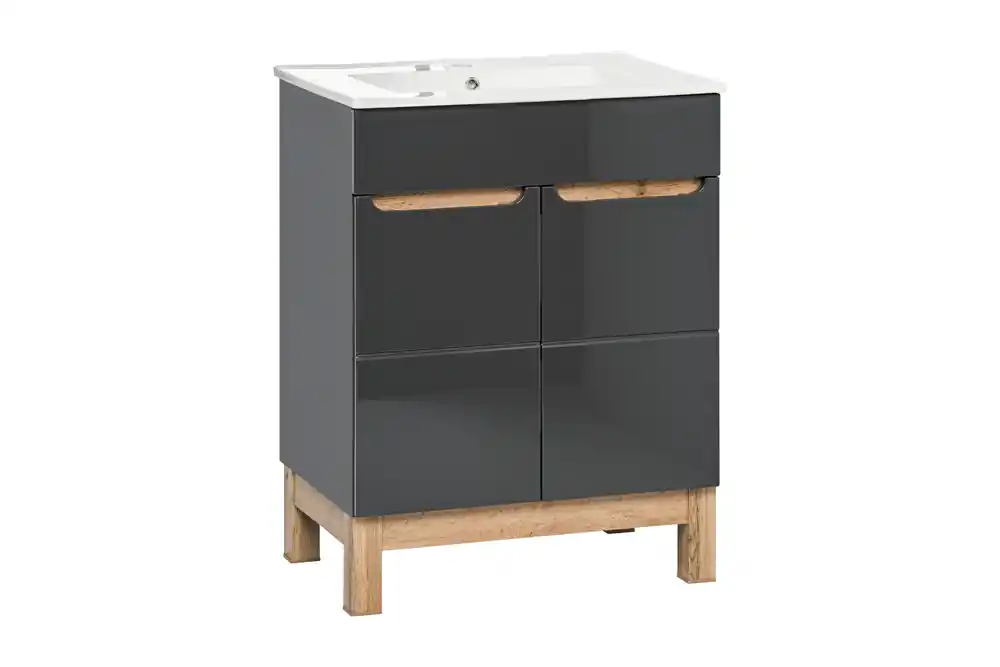 Laatste Kans Comad Bali Grey badkamermeubel 60cm met witte wastafel en kraangat eiken/antraciet