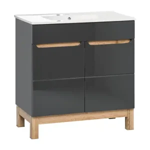 Authentiek Comad Bali Grey badkamermeubel 80cm met witte wastafel en kraangat eiken/antraciet