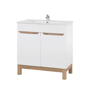 Handgemaakt Comad Bali White badkamermeubel 80cm met witte wastafel en kraangat eiken/wit