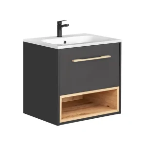 Comad Borneo Cosmos badkamermeubel 60cm met witte wastafel en kraangat eiken/grijs Beperkte Voorraad